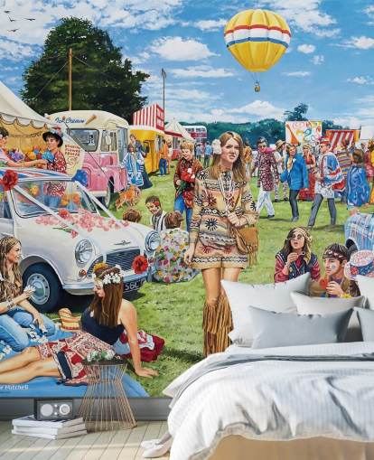 Festival con hippies al estilo de los 70 en un campo con carpas azules y blancas y carpas blancas Festival con hippies al estilo de los 70 en un campo con carpas azules y blancas y carpas blancas