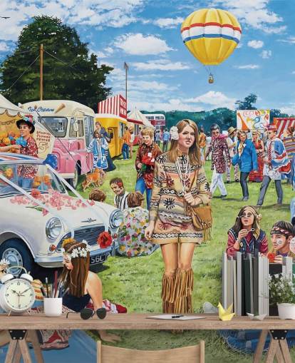 Festival with 70s style hippies in a field with blue and white cares and white tents