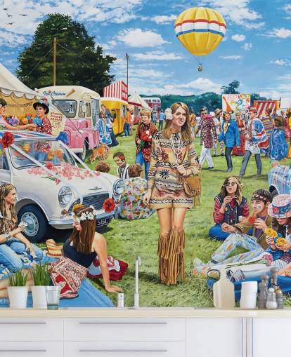 Festival with 70s style hippies in a field with blue and white cares and white tents