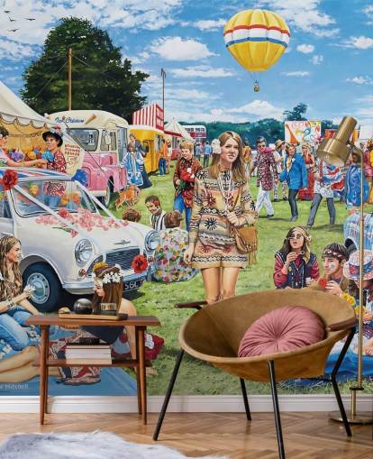 Festival with 70s style hippies in a field with blue and white cares and white tents wallpaper