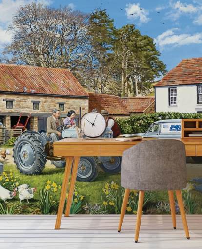 Colourful farmyard with a grey tractor, yellow flowers, chickens and border collies wallpaper