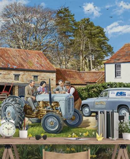 Colourful farmyard with a grey tractor, yellow flowers, chickens and border collies wallpaper