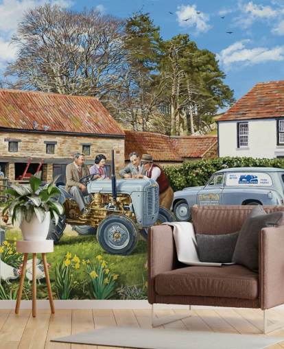Colourful farmyard with a grey tractor, yellow flowers, chickens and border collies wallpaper