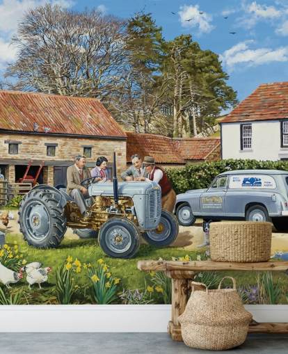 Kleurrijk boerenerf met een grijze tractor, gele bloemen, kippen en border collies