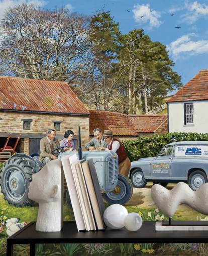 Colourful farmyard with a grey tractor, yellow flowers, chickens and border collies