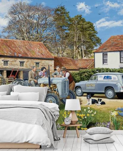 Colourful farmyard with a grey tractor, yellow flowers, chickens and border collies wallpaper