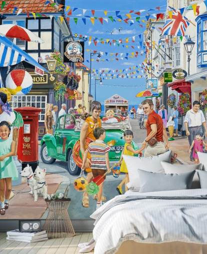 Cololurful seaside highstreet with banners, shops and bunting Cololurful seaside highstreet with banners, shops and bunting