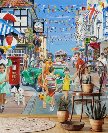 Färgglada havet highstreet med banderoller, butiker och bunting Färgglada havet highstreet med banderoller, butiker och bunting