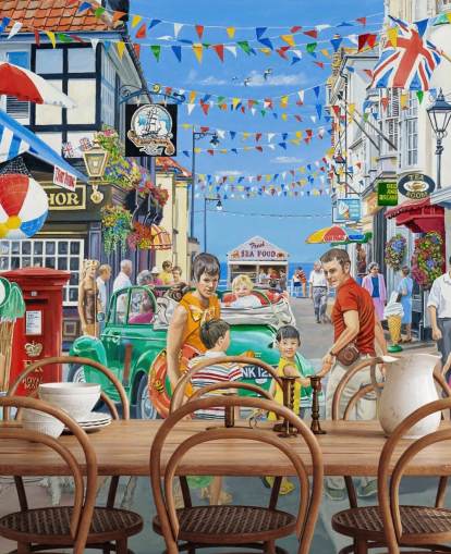 Cololurful seaside highstreet med bannere, butikker og bunting Cololurful seaside highstreet med bannere, butikker og bunting