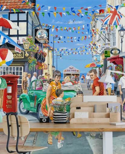 Cololurful seaside highstreet with banners, shops and bunting wallpaper