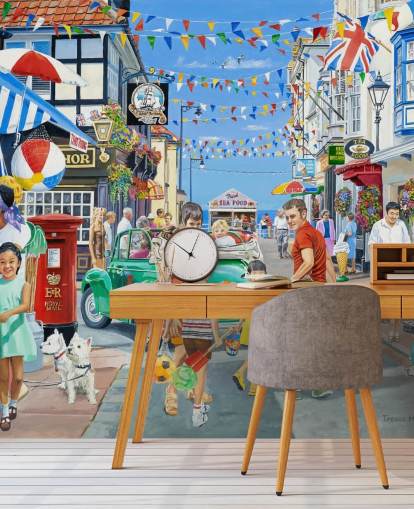 Cololurful seaside highstreet med bannere, butikker og bunting