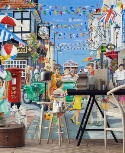 Cololurful seaside highstreet with banners, shops and bunting Cololurful seaside highstreet with banners, shops and bunting