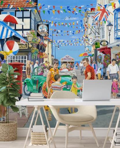 Cololurful seaside highstreet with banners, shops and bunting Cololurful seaside highstreet with banners, shops and bunting