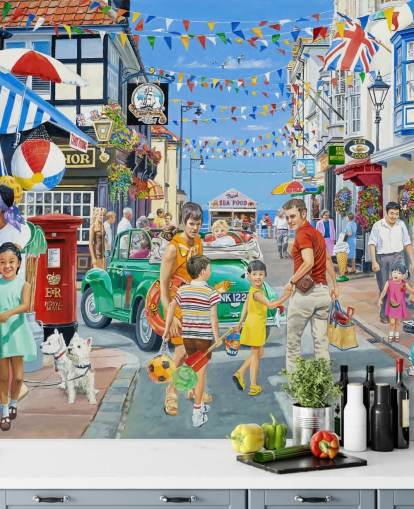 Cololurful seaside highstreet with banners, shops and bunting