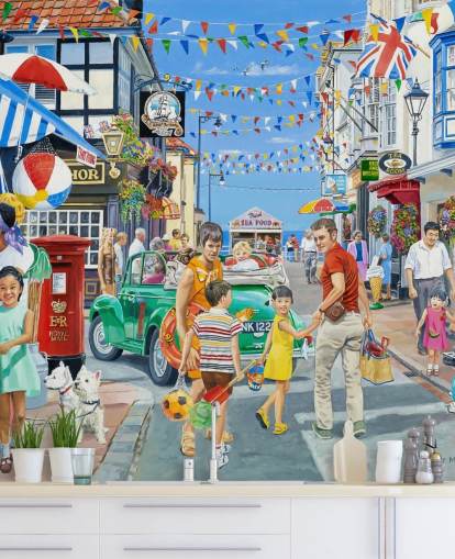 Cololurful seaside highstreet with banners, shops and bunting