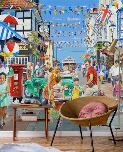 Cololurful seaside highstreet with banners, shops and bunting wallpaper