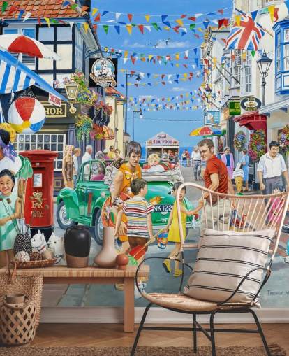 Cololurful seaside highstreet with banners, shops and bunting wallpaper
