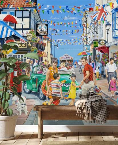 Rue principale colorée en bord de mer avec des bannières, des boutiques et des banderoles