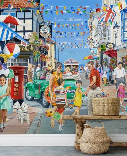 Cololurful seaside highstreet med bannere, butikker og flagdug Cololurful seaside highstreet med bannere, butikker og flagdug