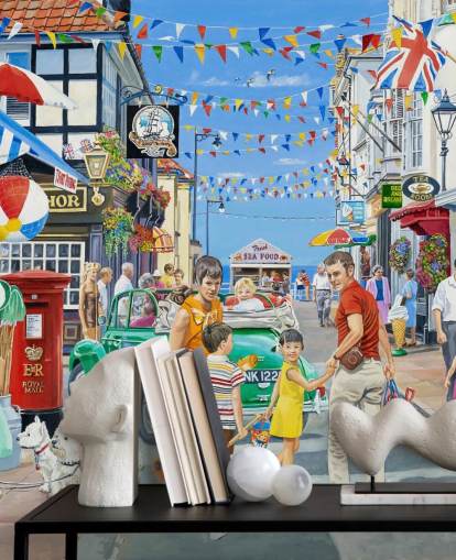 Cololurful seaside highstreet with banners, shops and bunting wallpaper