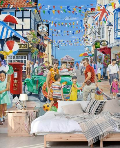 Cololurful seaside highstreet with banners, shops and bunting wallpaper