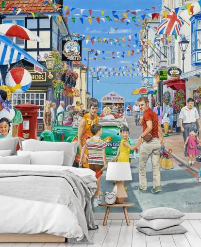 Färgglada havet highstreet med banderoller, butiker och bunting