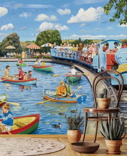 Colorida escena retro de personas en barcos en un lago con un tren azul que pasa