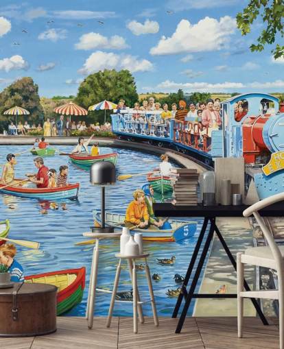 Colorida escena retro de personas en barcos en un lago con un tren azul que pasa