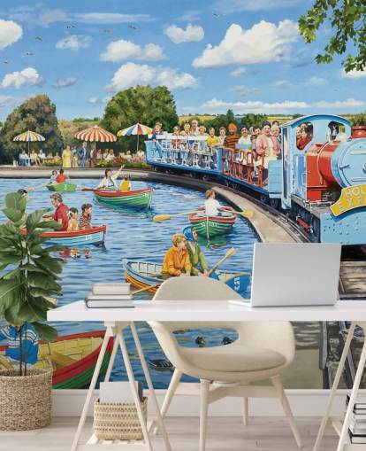 Colorful retro scene of people in boats on a lake with a blue train passing by Colorful retro scene of people in boats on a lake with a blue train passing by