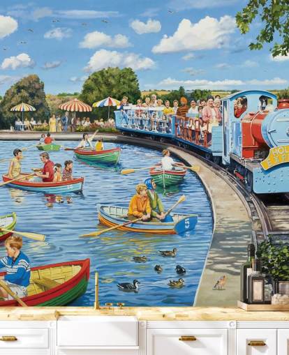 Colorata scena retrò di persone in barca su un lago con un treno blu che passa Colorata scena retrò di persone in barca su un lago con un treno blu che passa