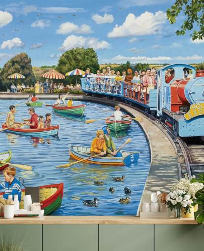 Colourful retro scene of people in boats on a lake with a blue train passing by wallpaper