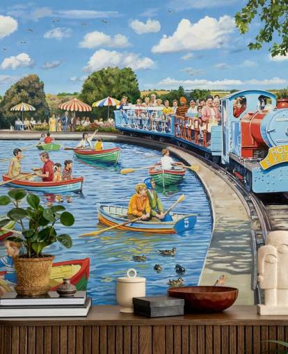 Colorata scena retrò di persone in barca su un lago con un treno blu che passa