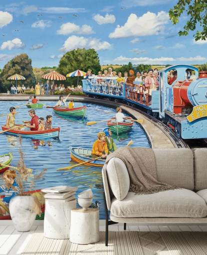 Colourful retro scene of people in boats on a lake with a blue train passing by