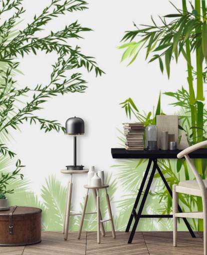 mural de pared de bambú verde personalizable llamado Green Bamboo Forest para oficinas, salas de estar y comedores