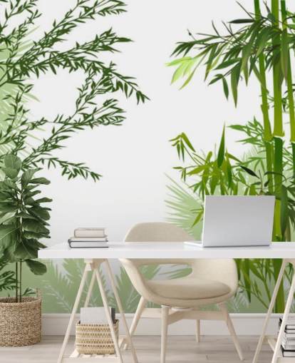 fresque murale en bambou personnalisable verte appelée Green Bamboo Forest pour les bureaux, les salons et les salles à manger