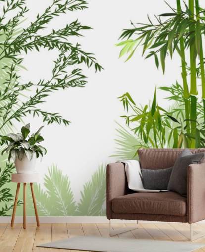 mural de parede de bambu verde personalizável chamado Green Bamboo Forest para escritórios, salas de estar e salas de jantar