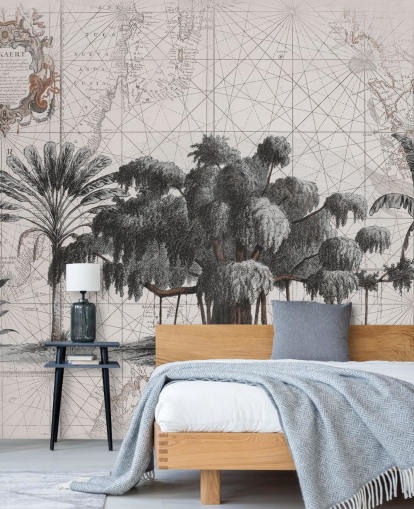 Light cream background with central black african jungle trees with faded map lines wallpaper