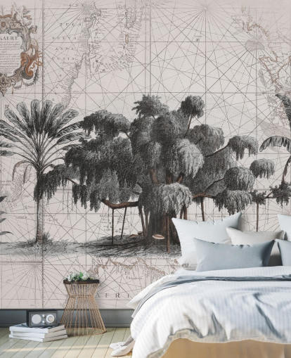 Light cream background with central black african jungle trees with faded map lines wallpaper Light cream background with central black african jungle trees with faded map lines wallpaper