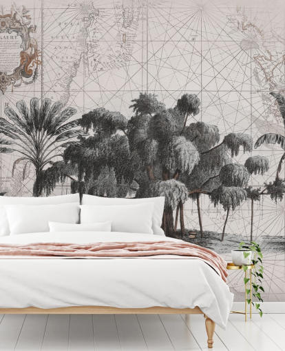 Fundo creme claro com árvores da selva negra central africana com papel de parede de linhas de mapa desbotadas