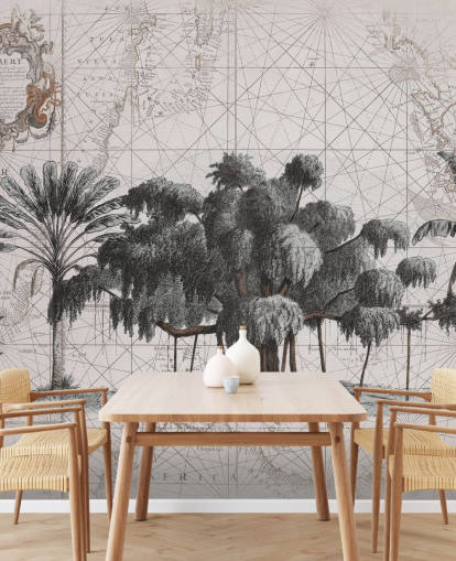 Light cream background with central black african jungle trees with faded map lines wallpaper