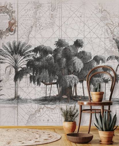 Light cream background with central black african jungle trees with faded map lines wallpaper