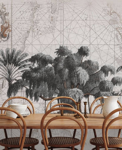 Sfondo crema chiaro con alberi della giungla africana nera centrale con carta da parati con linee di mappa sbiadite Sfondo crema chiaro con alberi della giungla africana nera centrale con carta da parati con linee di mappa sbiadite