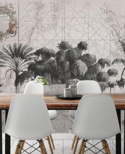 Fond crème clair avec des arbres de la jungle africaine noire centrale avec des lignes de carte délavées, papier peint Fond crème clair avec des arbres de la jungle africaine noire centrale avec des lignes de carte délavées, papier peint