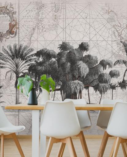 Lichte crèmekleurige achtergrond met centrale zwarte afrikaanse junglebomen met vervaagde kaartlijnen en behang Lichte crèmekleurige achtergrond met centrale zwarte afrikaanse junglebomen met vervaagde kaartlijnen en behang