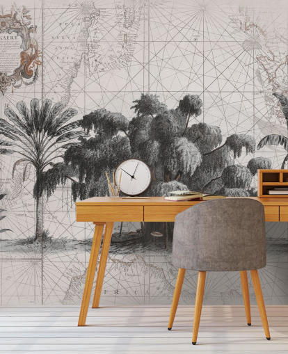 Light cream background with central black african jungle trees with faded map lines wallpaper Light cream background with central black african jungle trees with faded map lines wallpaper