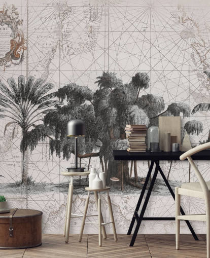 Light cream background with central black african jungle trees with faded map lines wallpaper Light cream background with central black african jungle trees with faded map lines wallpaper