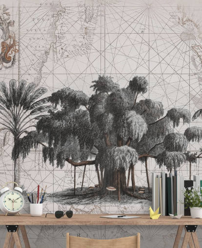 Light cream background with central black african jungle trees with faded map lines wallpaper