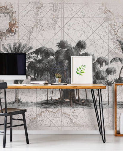 Light cream background with central black african jungle trees with faded map lines wallpaper