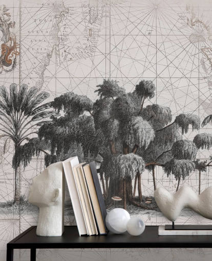 Fond crème clair avec des arbres de la jungle africaine noire centrale avec des lignes de carte délavées, papier peint