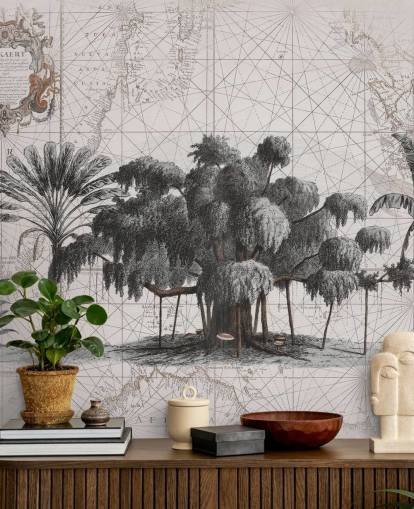 Fondo de color crema claro con árboles de la selva africana negra central con líneas de mapa descoloridas